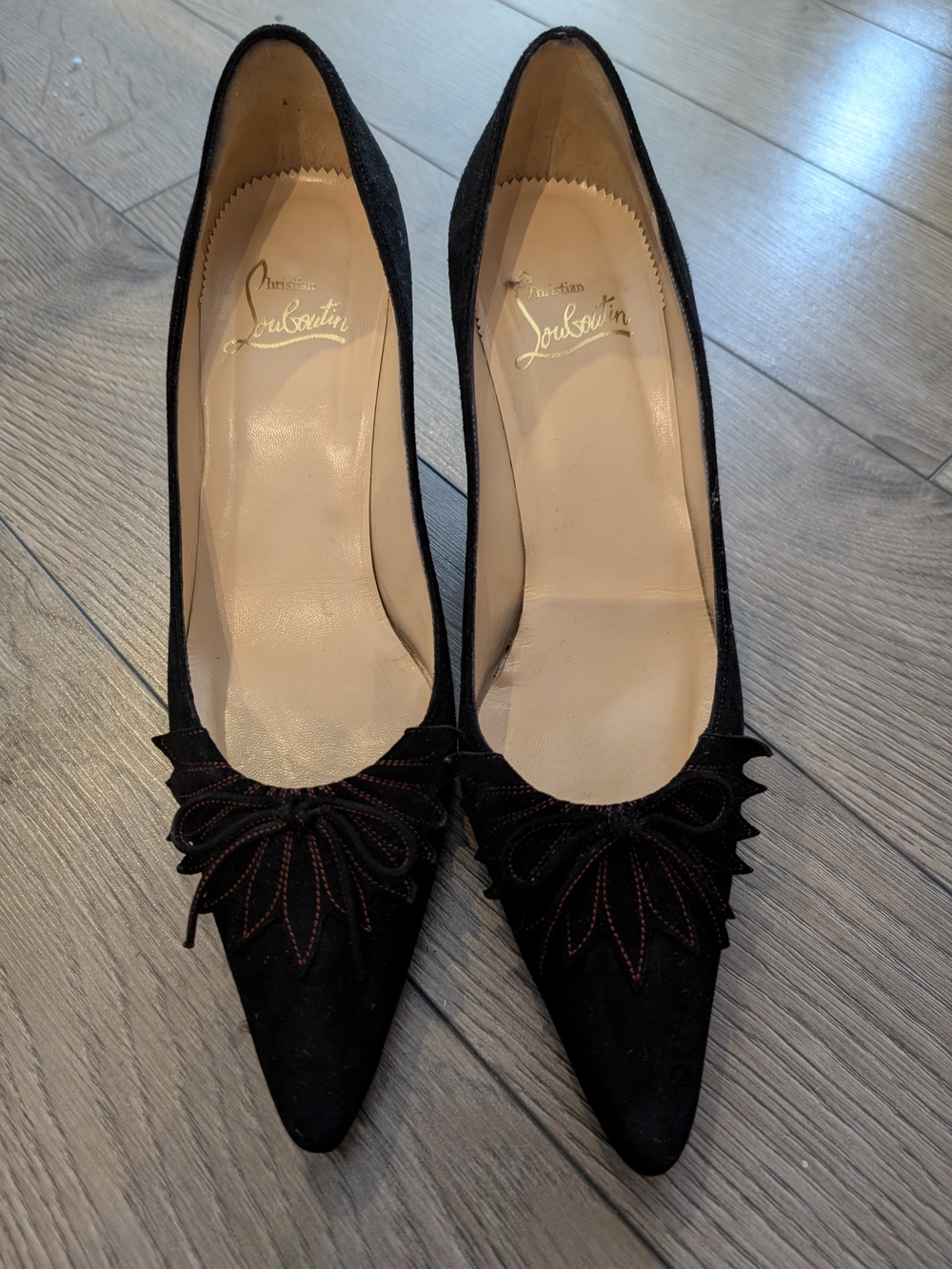 Christian Louboutin Black Suede Pointed-Toe Pumps with Decorative Bow